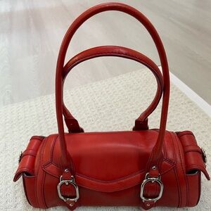 Red Leather Barrel Satchel Handbag - Unbranded